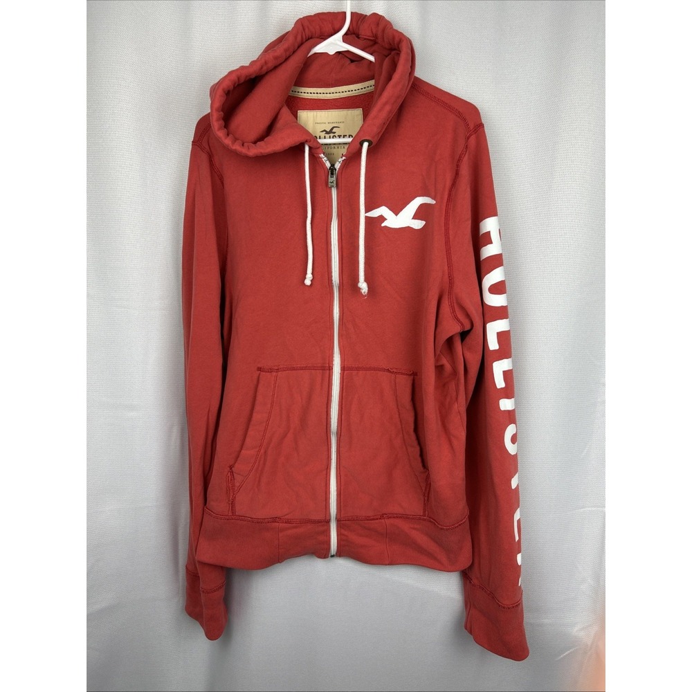 Vintage Hollister Hoodie Full Zip Large Faded Coral Red White Font Y2K Preppy
